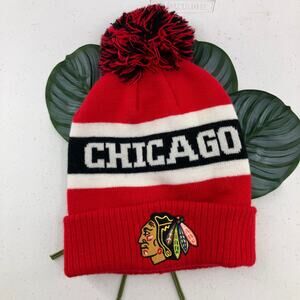 Adidas Red Black White NHL Chicago Blackhawks Embroidered Cuff Pom Knit Beanie